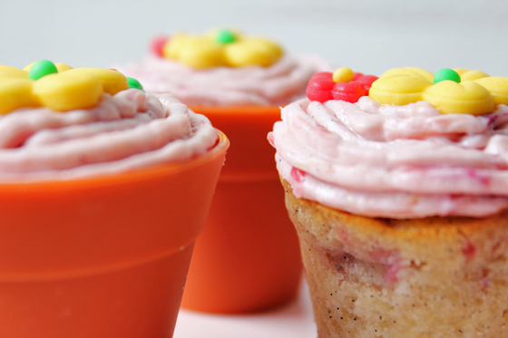 Urtepotte-cupcakes med rabarber, mini marshmallows og marcipan